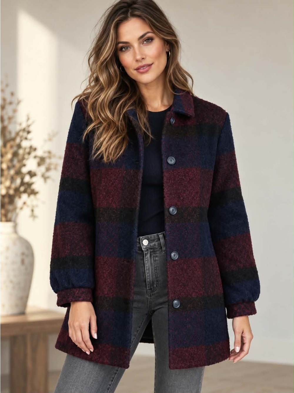 Velvet Graham & Spencer Kourtney Plaid Wool Blend Coat Burgundy Navy Size XS